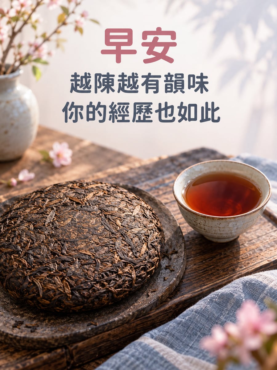 經歷有韻味。圖中文字：早安，越陳越有韻味，你的經歷也如此