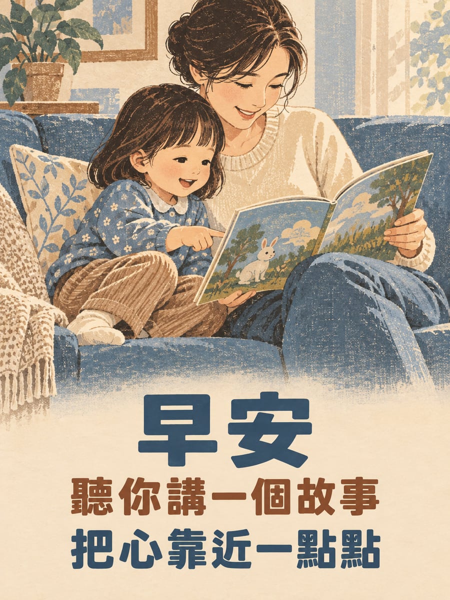 故事讓心靠近。復古套色版畫風媽媽與幼童坐藍色沙發看無字兔子圖畫書，兩人靠近、幼童指著書；下方米白區藍褐粗黑體文字。 圖中文字：早安，聽你講一個故事，把心靠近一點點