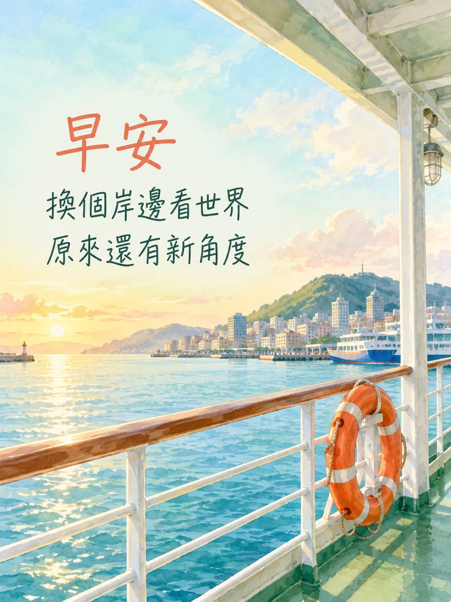 換岸看世界。透明水彩渡輪甲板，右下橘白救生圈掛在白欄杆上，遠方是台灣港灣意象的船隻、樓房與山丘；左上偏中橘綠硬筆字。 圖中文字：早安，換個岸邊看世界，原來還有新角度