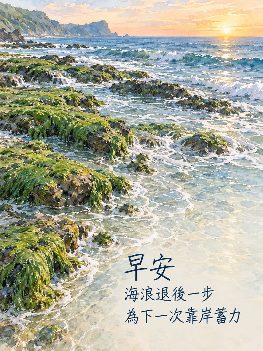 退一步蓄力。透明水彩海岸，綠藻礁岩聚左側，清澈浪花退向海面，遠方山岬與旭日，右下淡沙色淺水區放深藍硬筆字。 圖中文字：早安，海浪退後一步，為下一次靠岸蓄力