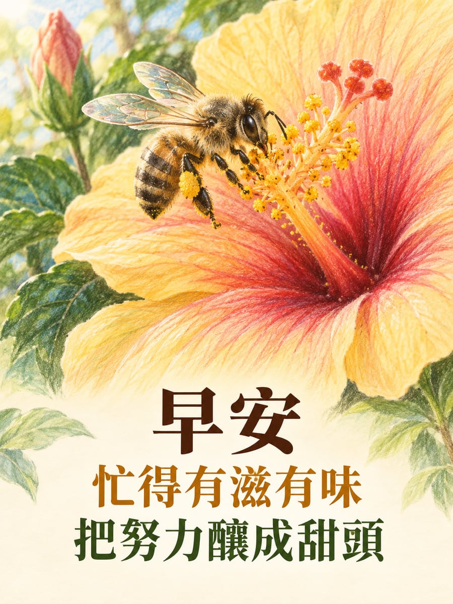 努力釀甜頭。色鉛筆微距插畫中一隻蜜蜂停在黃瓣紅心扶桑花雄蕊旁採蜜，腿上帶花粉，背景綠葉；下方奶白區三色粗明體字。 圖中文字：早安，忙得有滋有味，把努力釀成甜頭