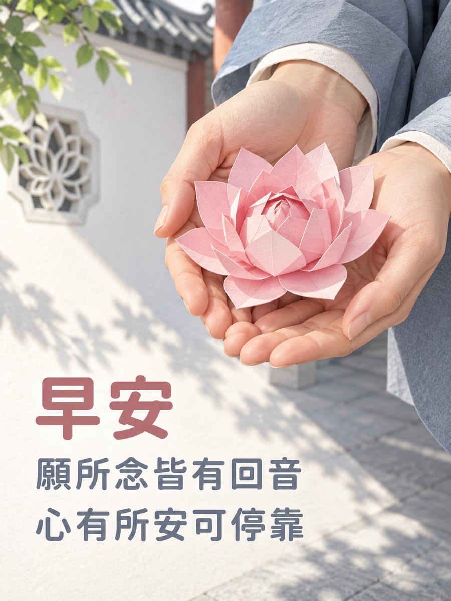 念念有回音。灰藍長袖成年人的雙掌在右上托著淡粉紙蓮花，後方是素白寺院風格牆、圓窗與葉影，左下粉灰圓體祝福。 圖中文字：早安，願所念皆有回音，心有所安可停靠