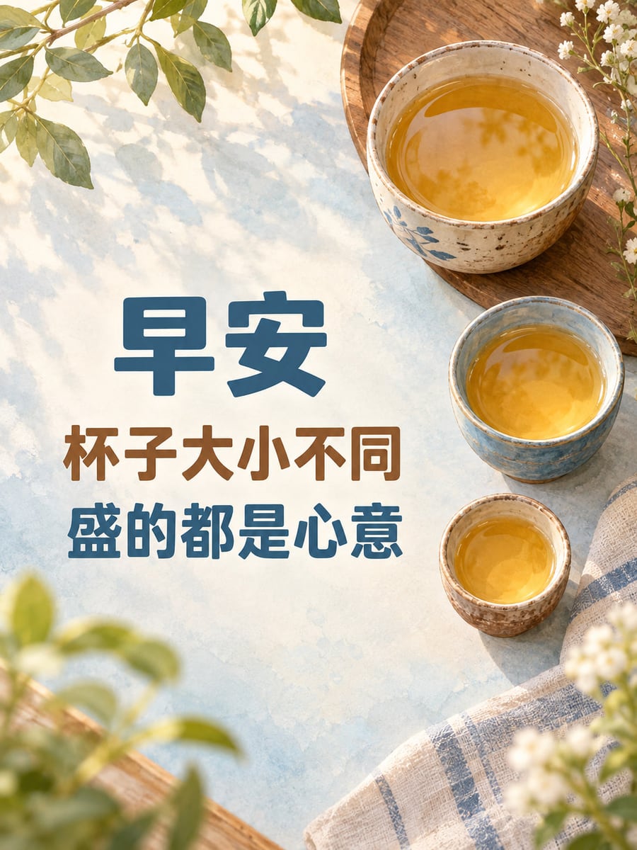 都是一份心意。三只大小不同的樸素陶杯在右側由大到小斜排，杯中金色茶湯，左中淡藍米色桌面置藍褐粗黑體字，邊角綠葉和小白花。 圖中文字：早安，杯子大小不同，盛的都是心意