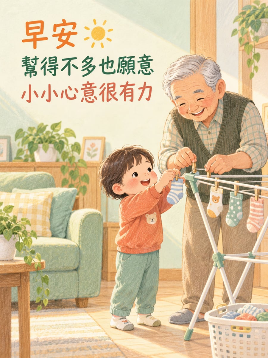 小小幫忙也有力。色鉛筆童書風祖孫在客廳矮曬衣架夾襪子，阿公穿背心格紋衫，幼童橘衣綠褲，左上綠橘硬筆祝福與小太陽裝飾。 圖中文字：早安，幫得不多也願意，小小心意很有力