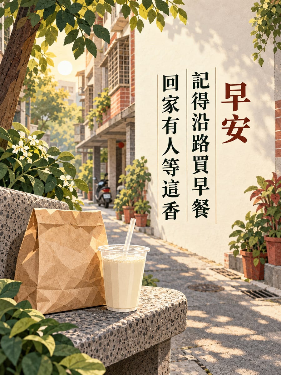 帶早餐回家。台灣住宅巷道，磨石子長椅上放無字早餐紙袋與透明杯淺米色飲品；紅磚公寓、植栽、遠處停放機車。 圖中文字：早安，記得沿路買早餐，回家有人等這香