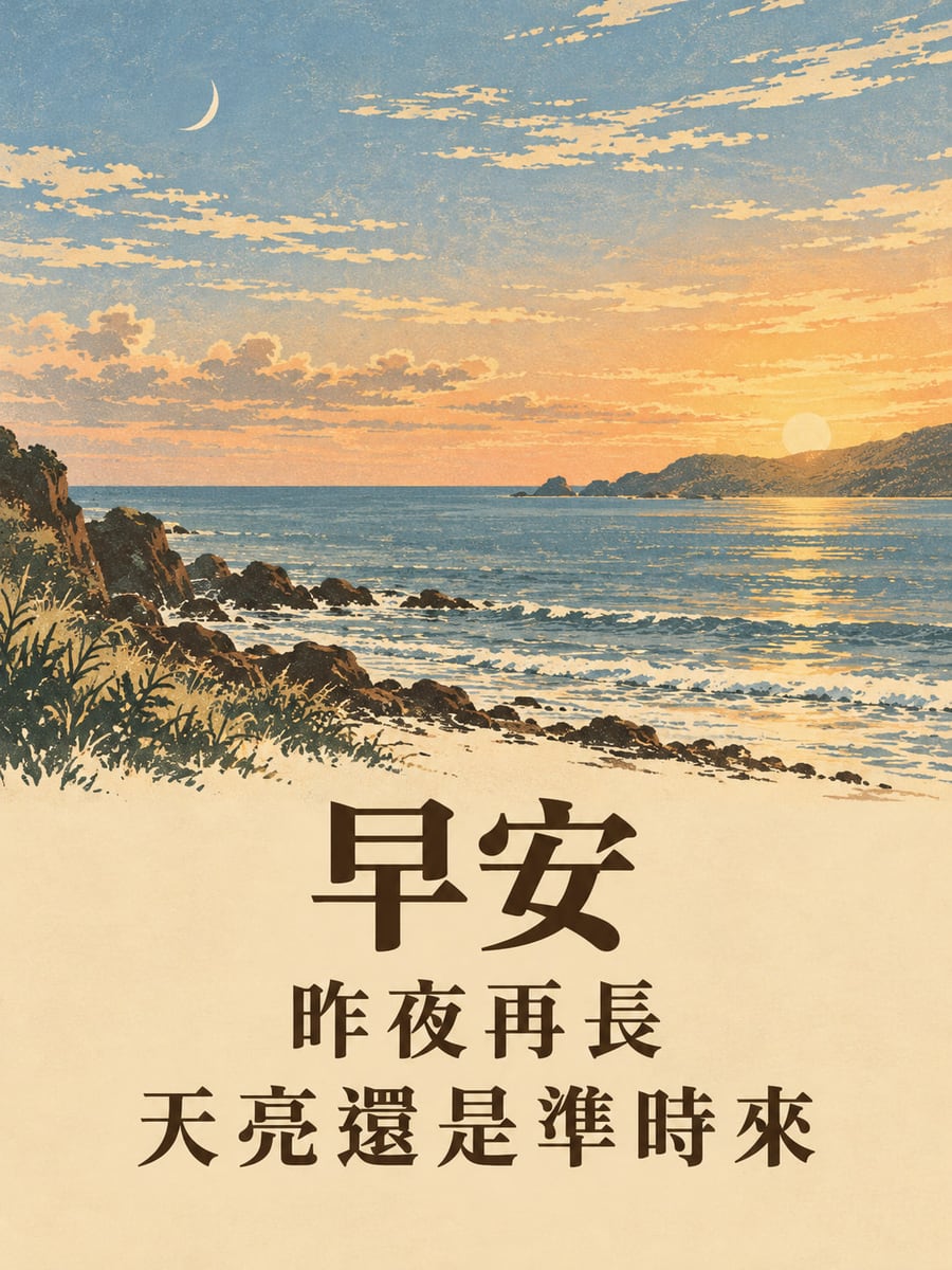 天亮如約。海岸晨曦，左上月牙、右側低日、藍灰海面與岩岸，遠處半島在金黃天光下延伸。 圖中文字：早安，昨夜再長，天亮還是準時來