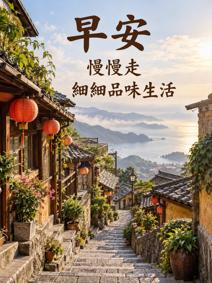 九份山城意象。石階巷道向下延伸，兩側木造屋與紅燈籠，遠處可見山海。 圖中文字：早安，慢慢走，細細品味生活