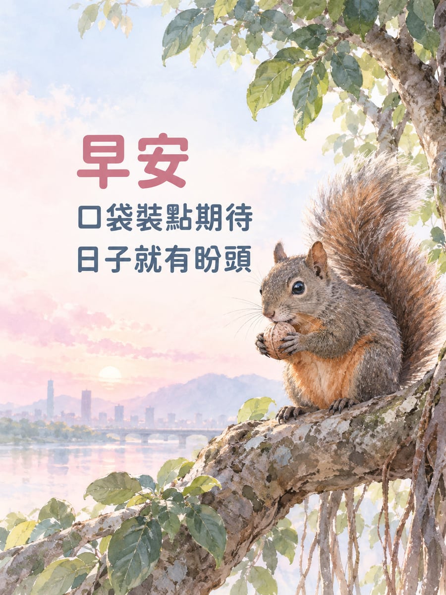 口袋裝期待。灰褐色、橘褐胸腹松鼠坐在榕樹意象枝上抱堅果；遠方是淡粉晨光、河面與城市山線。 圖中文字：早安，口袋裝點期待，日子就有盼頭