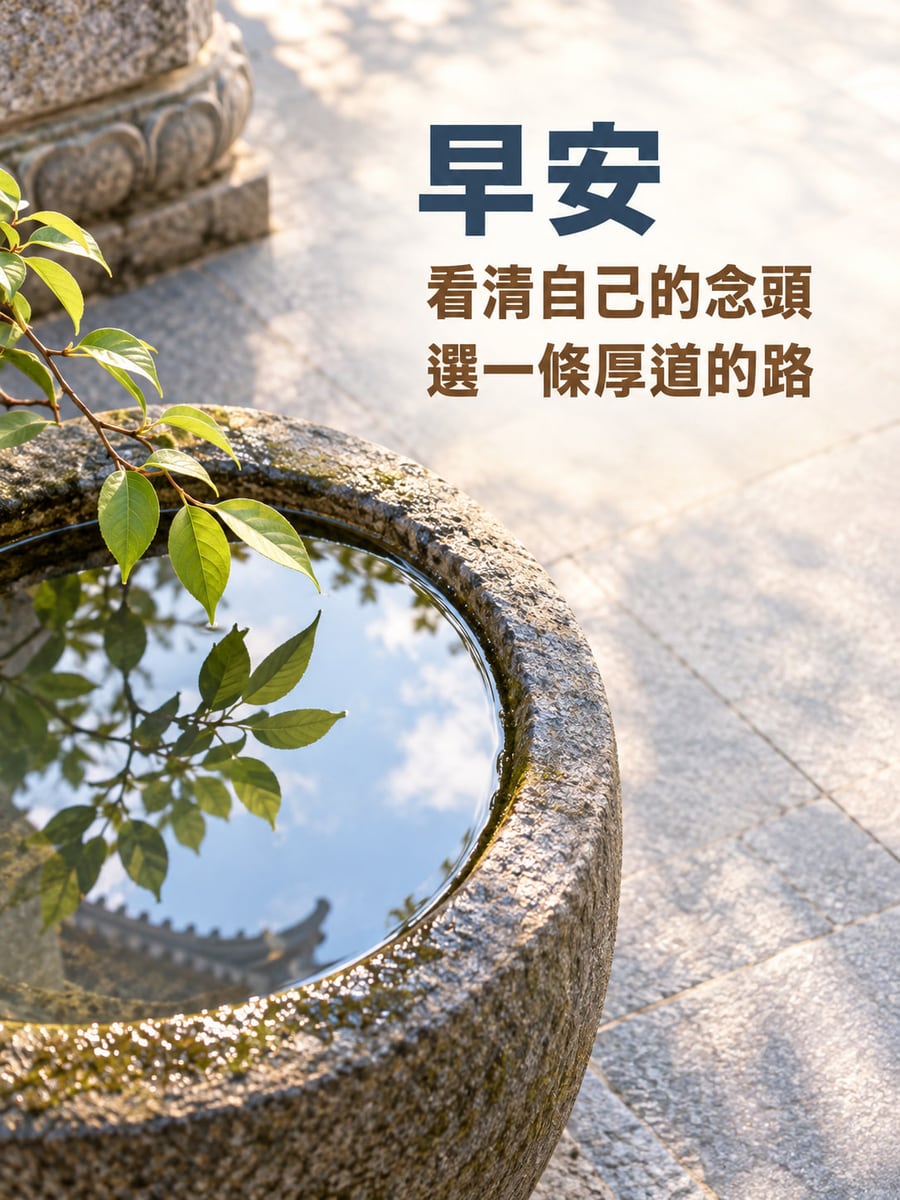 選厚道的路。石水缽在寺院灰色石地上，水中映出綠葉、藍天白雲與屋簷，左上石柱，無人物。 圖中文字：早安，看清自己的念頭，選一條厚道的路