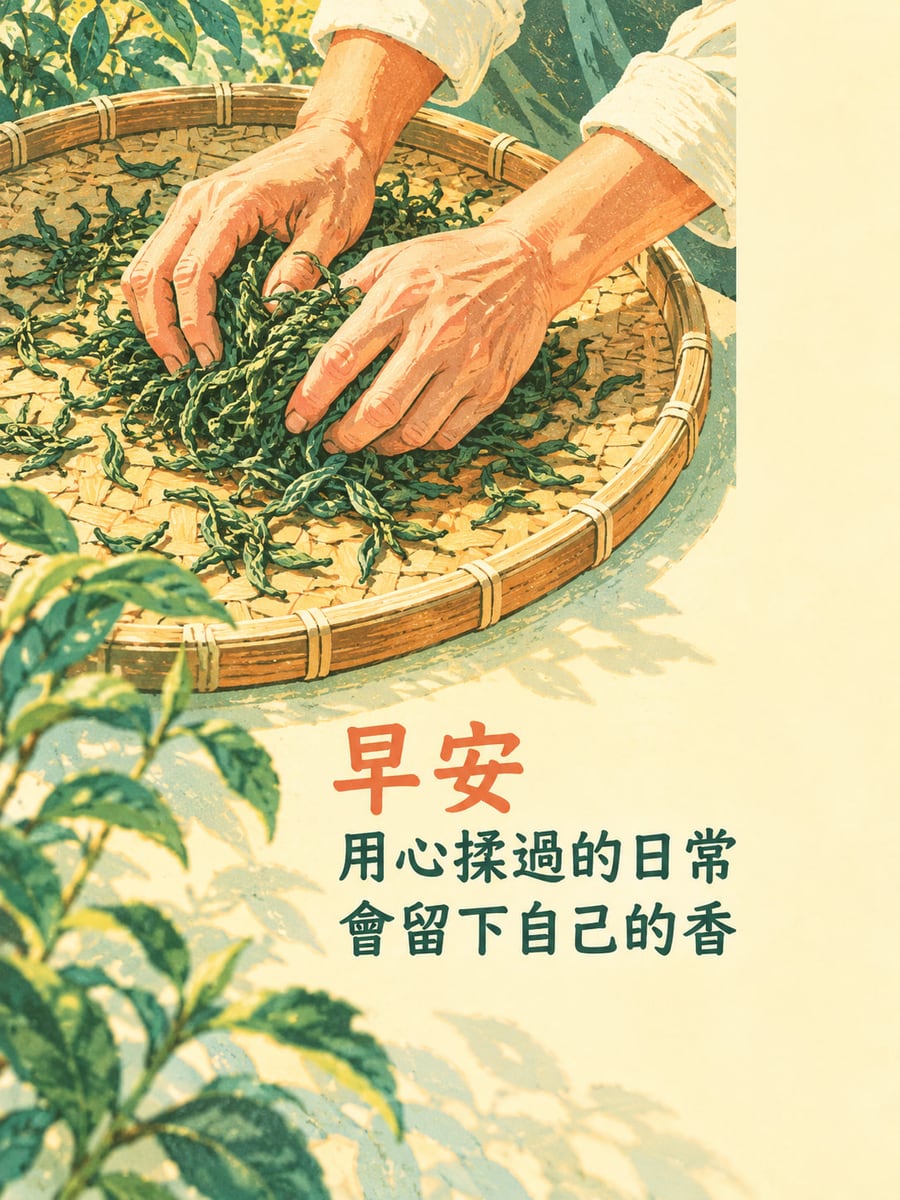 日常留下香。淺色袖口的成人雙手在竹盤上揉茶，茶葉、竹編盤與前景茶樹葉片，奶黃色背景。 圖中文字：早安，用心揉過的日常，會留下自己的香
