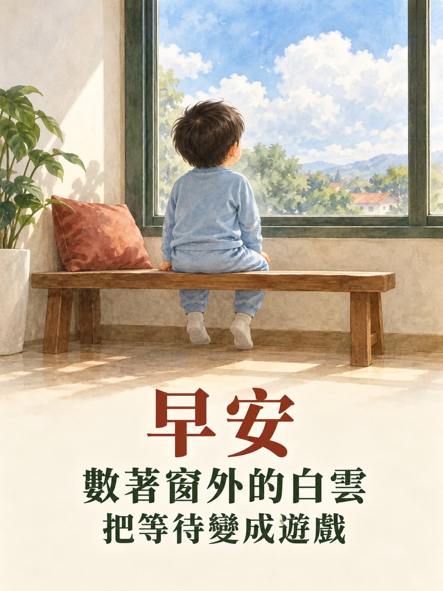 等待變遊戲。虛構幼童穿完整淺藍衣褲與白襪，坐在家中木長椅看關閉玻璃窗外白雲；素牆、素色靠墊與綠植。 圖中文字：早安，數著窗外的白雲，把等待變成遊戲