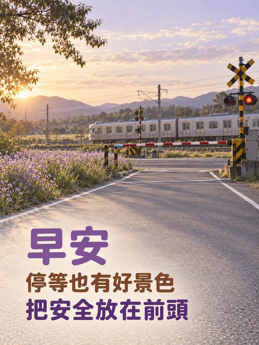 安全放前頭。鄉間平交道意象，紅白欄杆放下，遠方無文字銀色列車通過，紅燈亮，紫色花叢與晨光山景。 圖中文字：早安，停等也有好景色，把安全放在前頭