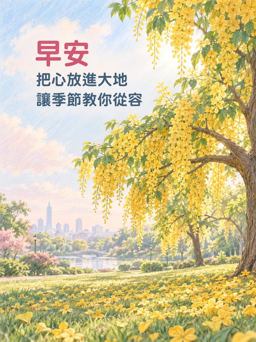 季節教從容。公園黃花樹垂下金黃花串，草地有落花，遠處小湖、拱橋與台北城市輪廓意象，無人物。 圖中文字：早安，把心放進大地，讓季節教你從容