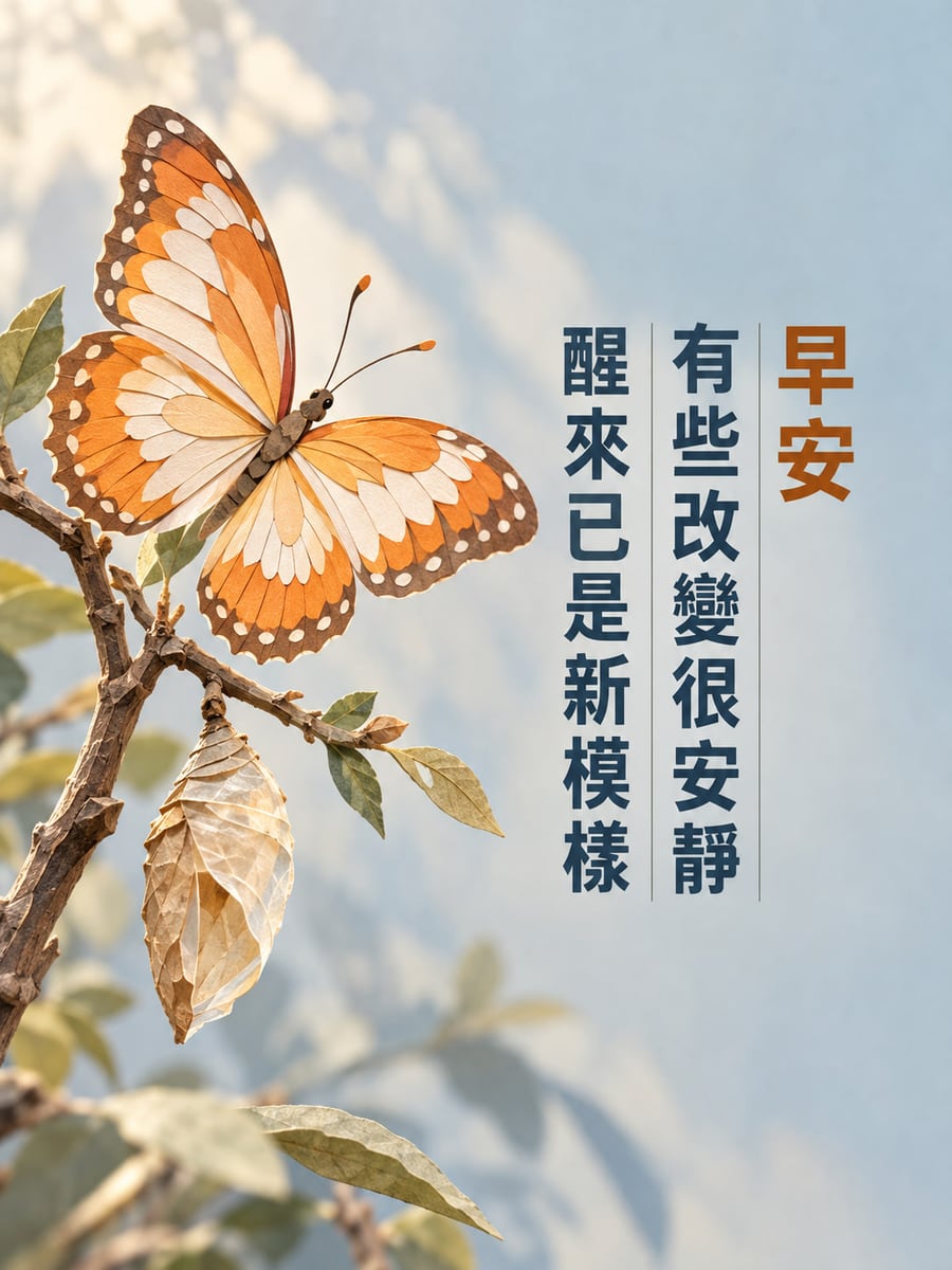 安靜的新模樣。橙白色原創蝴蝶在細枝上展翅，旁邊懸掛一枚空蛹，霧藍背景與少量葉片。 圖中文字：早安，有些改變很安靜，醒來已是新模樣