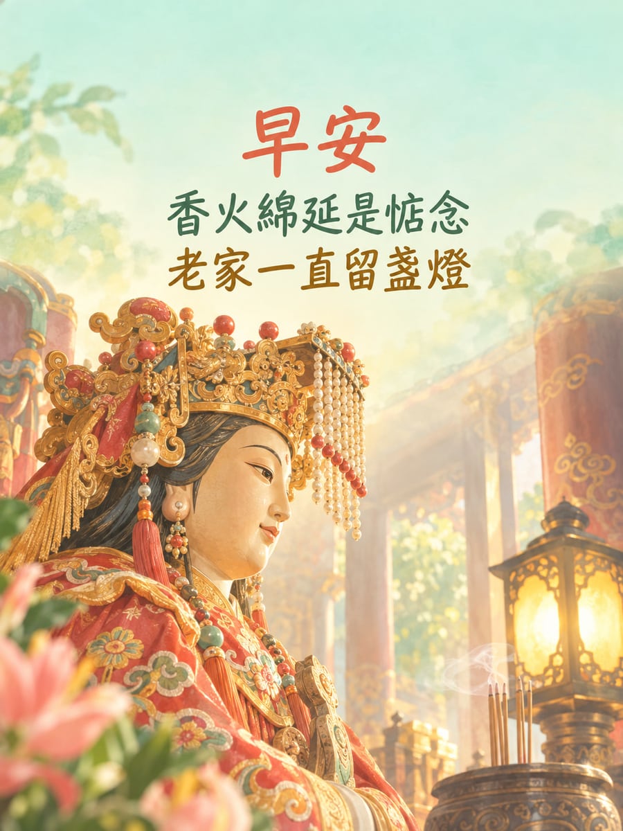 老家留盞燈。莊重媽祖神像側面半身，紅金神袍與珠冠，暖燈、香爐、香與前景花朵。 圖中文字：早安，香火綿延是惦念，老家一直留盞燈