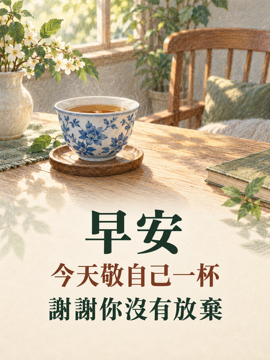 敬努力的自己。青花茶杯盛琥珀色茶湯，放在晨光木桌與木杯墊上；後方空木椅、窗邊白花與一本無字書。 圖中文字：早安，今天敬自己一杯，謝謝你沒有放棄