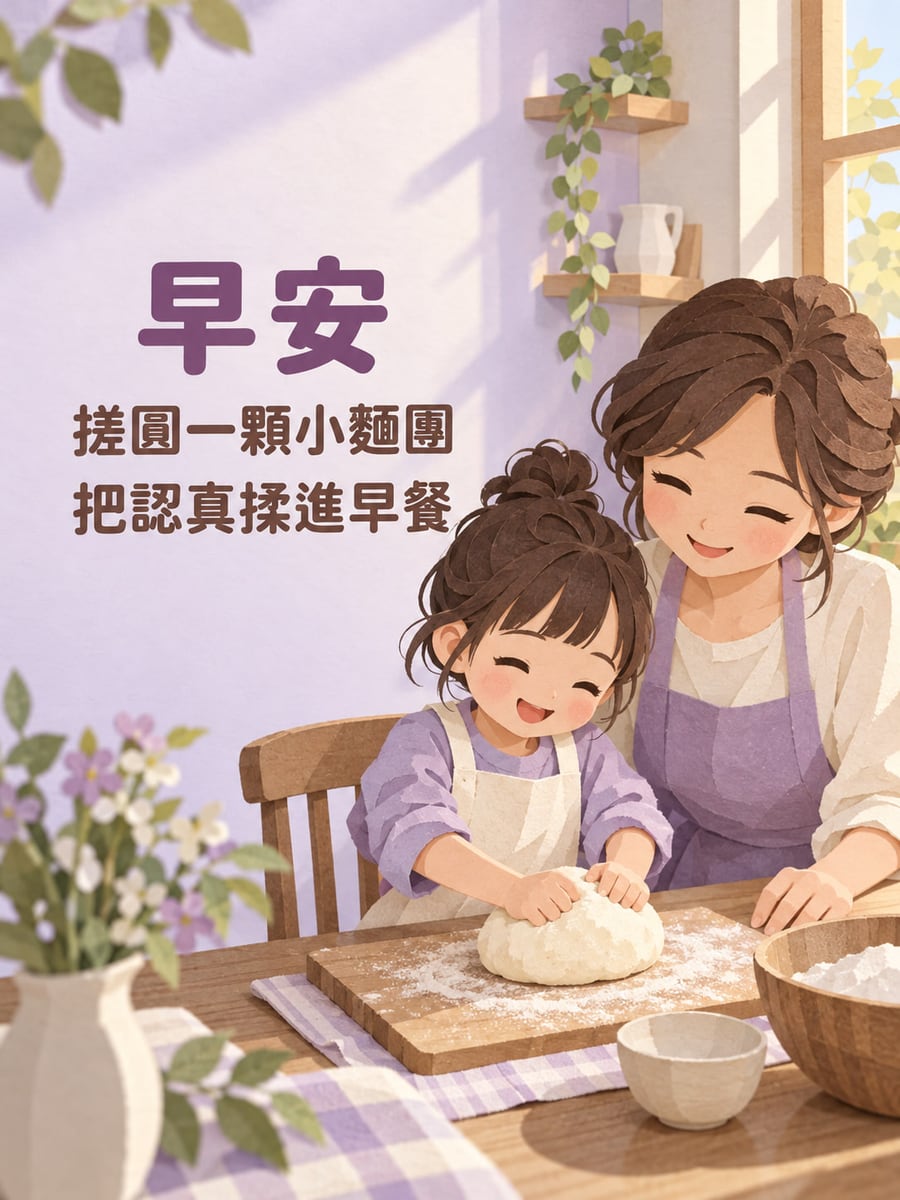 認真揉進早餐。虛構幼童與媽媽穿完整衣著及素色圍裙，在餐桌竹木板上揉麵團，旁邊有素碗、麵粉與花瓶。 圖中文字：早安，搓圓一顆小麵團，把認真揉進早餐