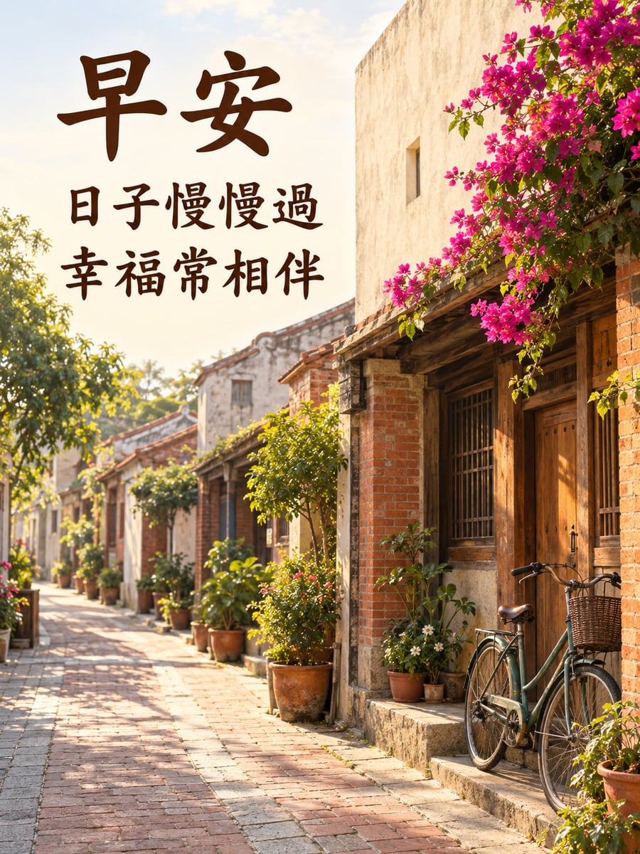 台南老街意象。紅磚老屋巷道與木門、盆栽、自行車，右上九重葛垂下，地面有長影。 圖中文字：早安，日子慢慢過，幸福常相伴