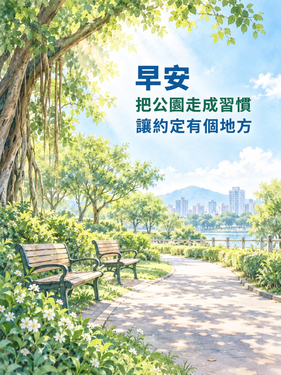 約定一個地方。台灣社區公園意象，榕樹下兩張空長椅面向彎曲步道，遠方水面與城市樓房，晨光穿葉。 圖中文字：早安，把公園走成習慣，讓約定有個地方