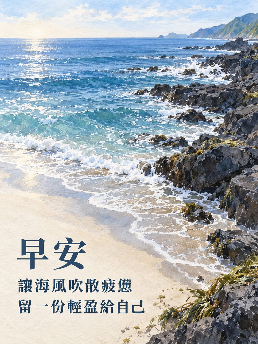 海風輕盈。海浪沿右側黑色礁石拍岸，遠處藍色山海，左下沙灘留白放文字；細緻透明水彩。 圖中文字：早安，讓海風吹散疲憊，留一份輕盈給自己