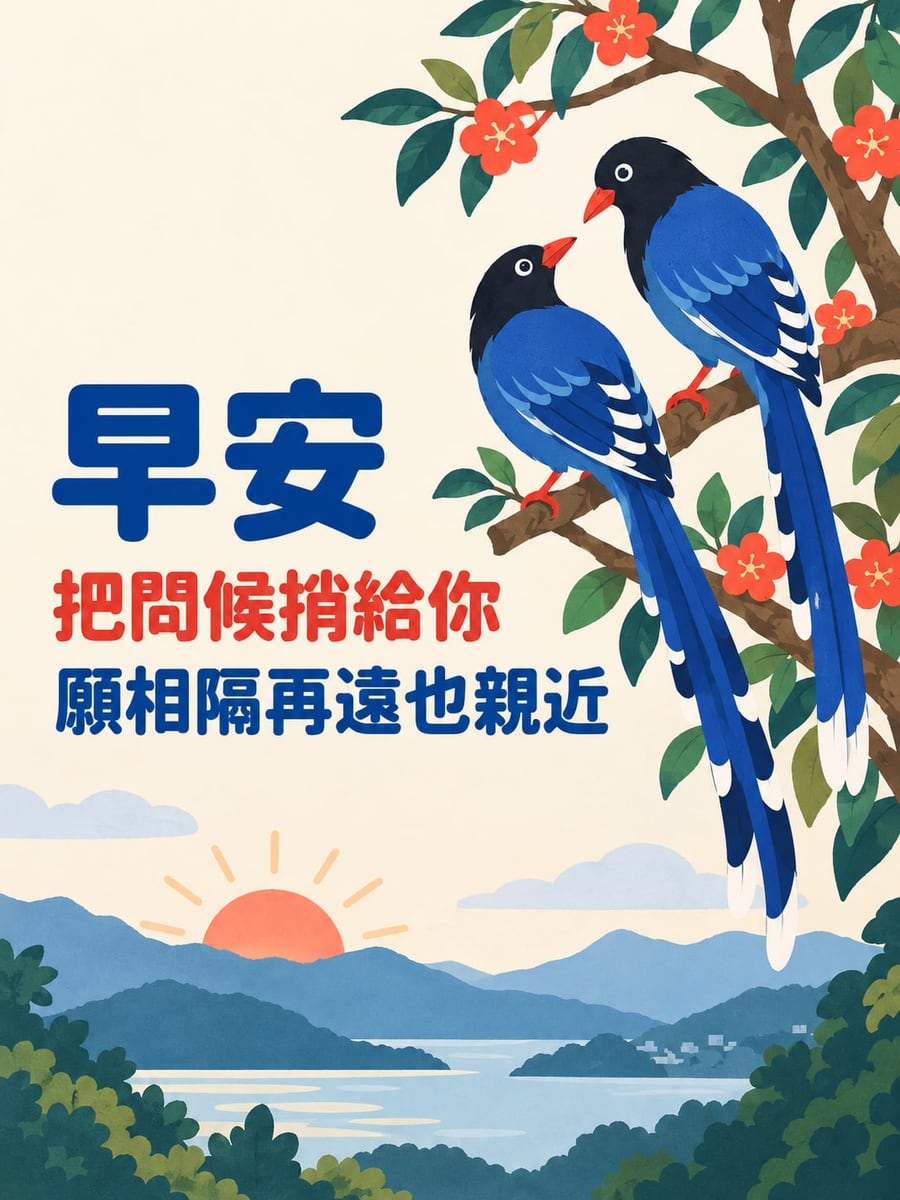 藍鵲捎來問候。兩隻長尾台灣藍鵲在右側花枝相望，左中段為文字，下方另有剪紙風山湖與橘色朝陽。 圖中文字：早安，把問候捎給你，願相隔再遠也親近
