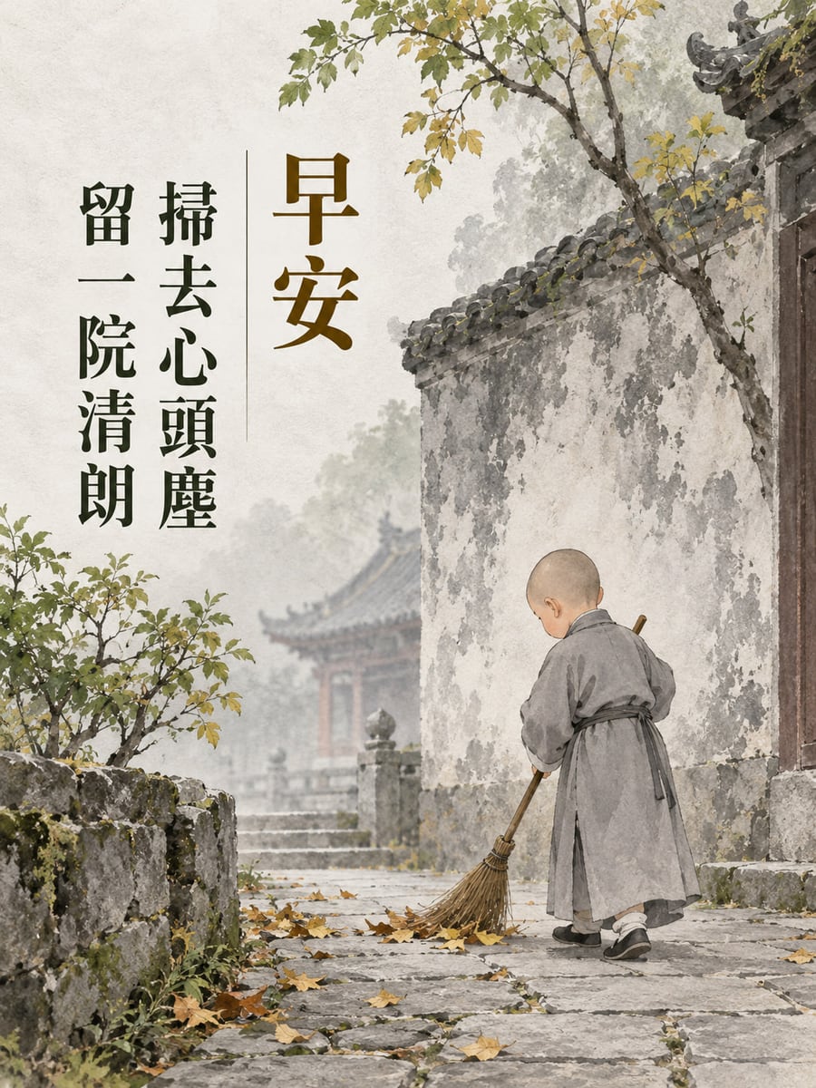 掃一院清朗。灰袍小沙彌以背側姿勢掃石徑落葉，右側斑駁寺牆和樹枝，左側三欄直排文字。 圖中文字：早安，掃去心頭塵，留一院清朗