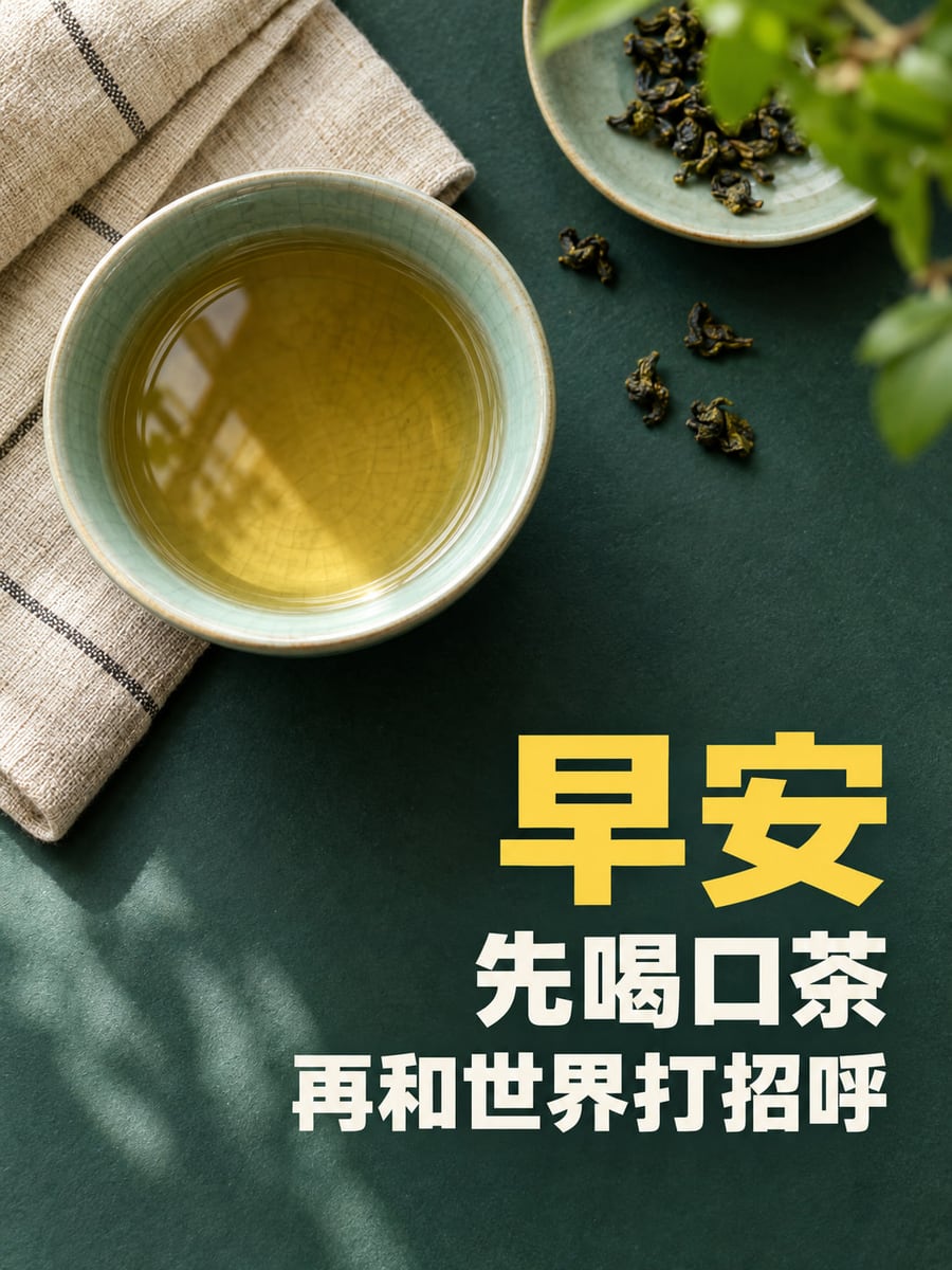 先喝口茶。圖中文字：早安，先喝口茶，再和世界打招呼