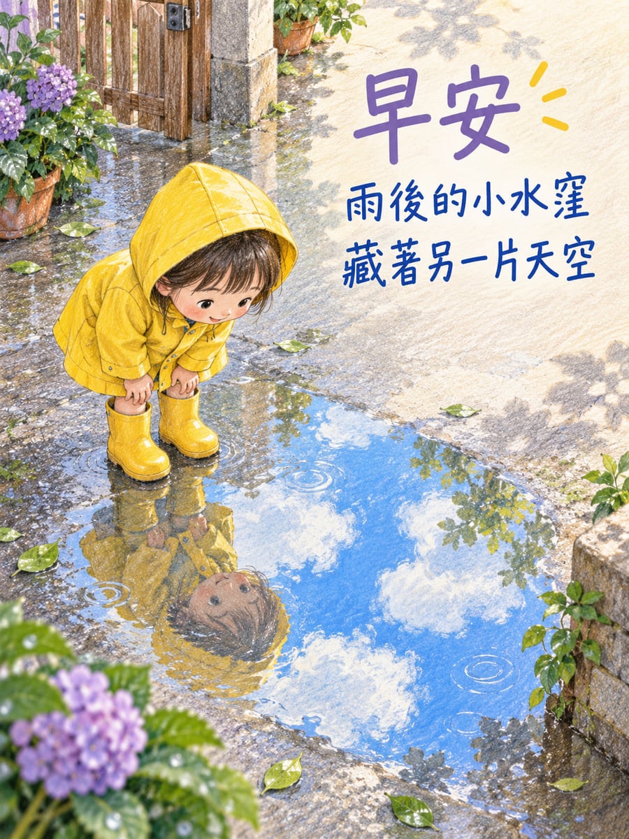 水窪裡的天空。穿黃色雨衣雨靴的虛構幼童在左側俯身看水窪，水面映出臉與藍天，右上手寫字，周圍紫色小花。 圖中文字：早安，雨後的小水窪，藏著另一片天空