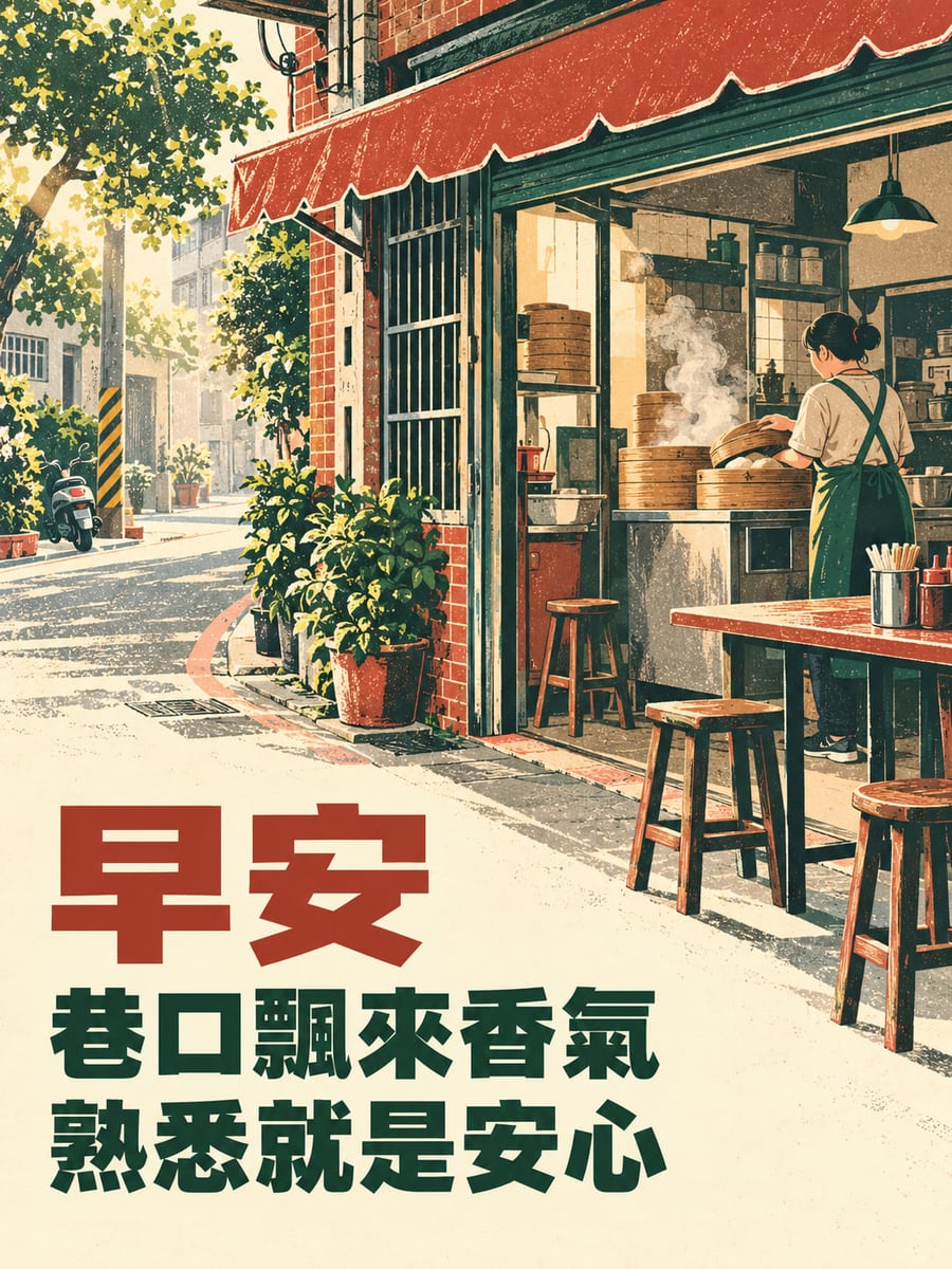 巷口早餐香。紅色遮棚的巷口早餐店，虛構店員背側面整理冒蒸氣的蒸籠，街角有木凳、機車與盆栽；左下為粗黑體文字。 圖中文字：早安，巷口飄來香氣，熟悉就是安心
