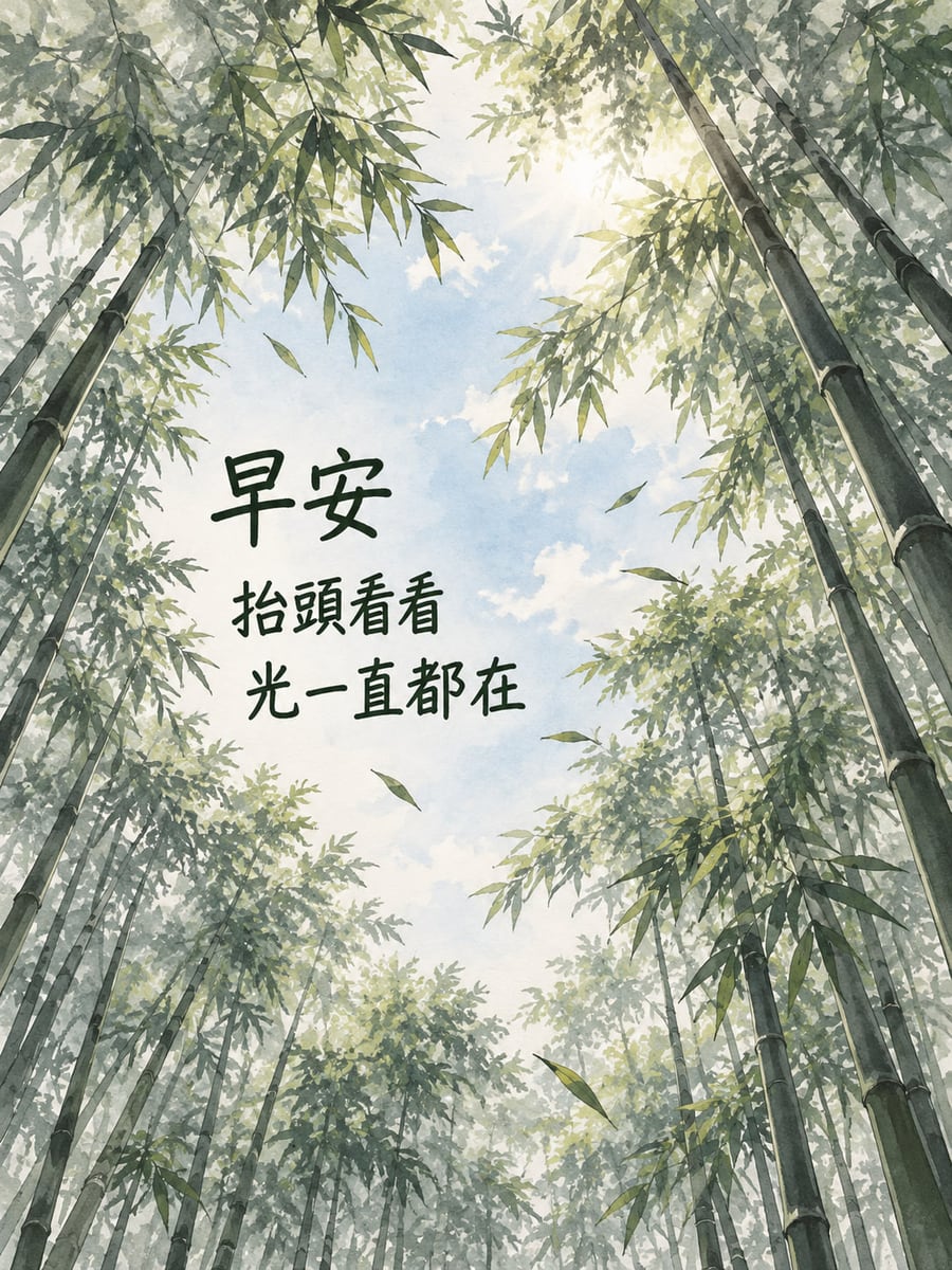 竹影裡的光。仰望竹林，四周竹幹與竹葉圍住中央天空，右上透光，中央偏左為深綠硬筆手寫字。 圖中文字：早安，抬頭看看，光一直都在