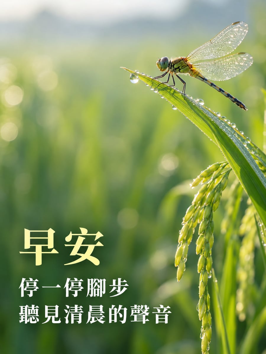 蜻蜓停留。右上蜻蜓側身停在帶露水的稻葉，右側可見稻穗，背景綠色散景，左下明體祝福文字。 圖中文字：早安，停一停腳步，聽見清晨的聲音