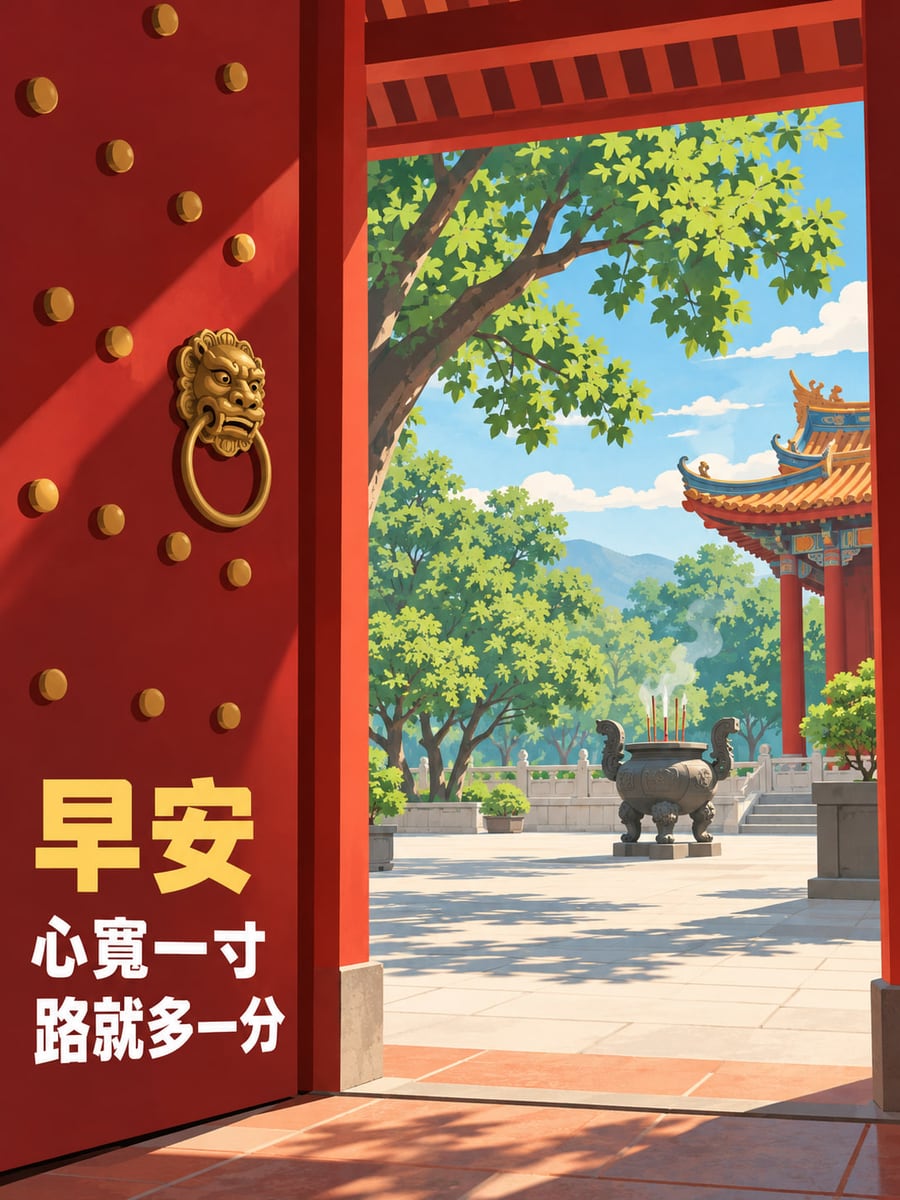 門外有天地。紅色廟門與金色門釘佔左側，門外是綠樹、香爐與廟宇庭院；左下門板上有金白粗黑體文字。 圖中文字：早安，心寬一寸，路就多一分