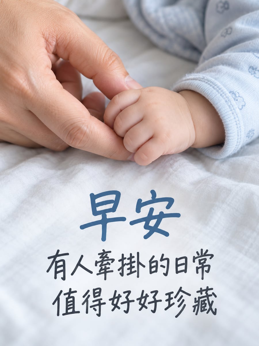 掌心裡的牽掛。淺藍衣袖的嬰兒小手握住成人手指，背景是柔軟白色織物；下方置中深藍手寫祝福。 圖中文字：早安，有人牽掛的日常，值得好好珍藏