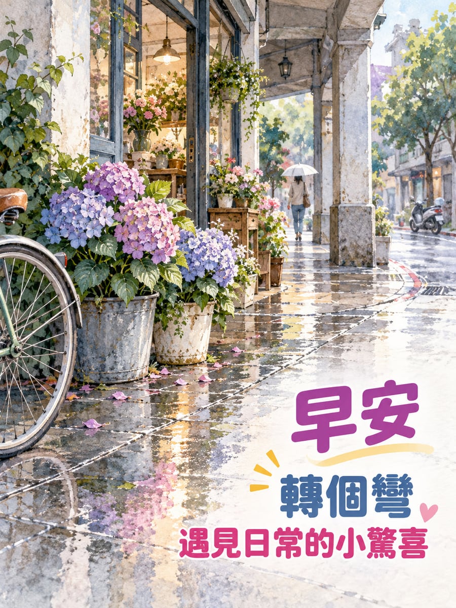 轉角的小驚喜。雨後台灣街角騎樓的繡球花店，左側花桶與單車輪，遠處撐傘行人和機車；右下留白放彩色圓體。 圖中文字：早安，轉個彎，遇見日常的小驚喜