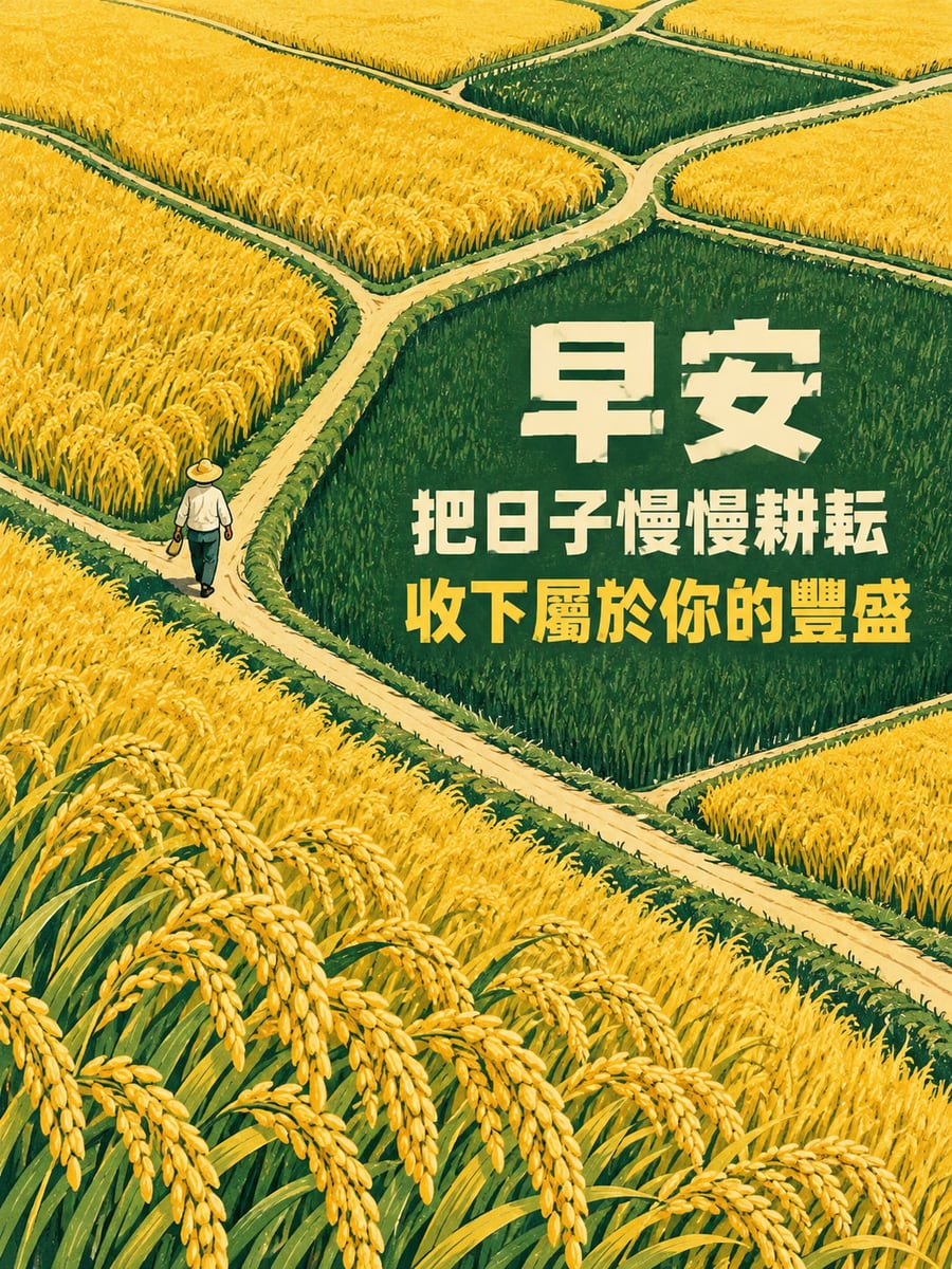 稻浪豐收。斜向鳥瞰金黃稻田與深綠田塊，田埂上有戴斗笠的農人；中央偏右深綠田塊放米白與黃色粗黑體。 圖中文字：早安，把日子慢慢耕耘，收下屬於你的豐盛