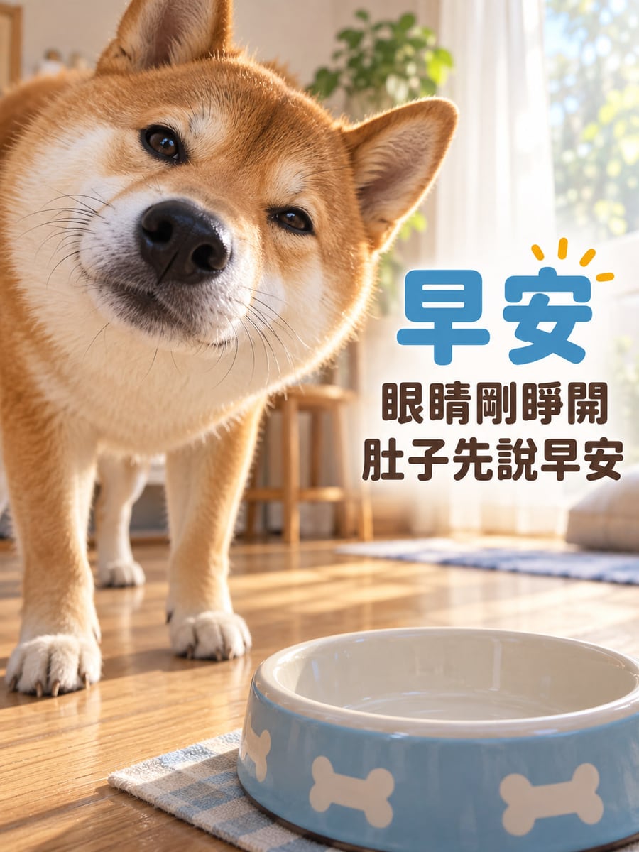 肚子先起床。柴犬從左側靠近低處鏡頭，右下是空的淺藍色食碗；居家窗邊晨光，右中藍褐粗圓體文字。 圖中文字：早安，眼睛剛睜開，肚子先說早安