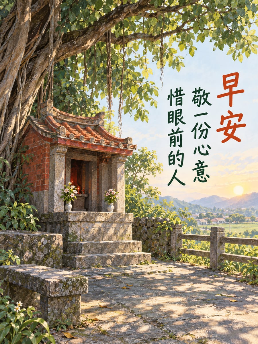 敬心惜人。榕樹下紅瓦小土地公廟，石階、兩瓶供花與斑駁石地，右方遠處村落山景和朝陽；右上直排硬筆手寫字。 圖中文字：早安，敬一份心意，惜眼前的人