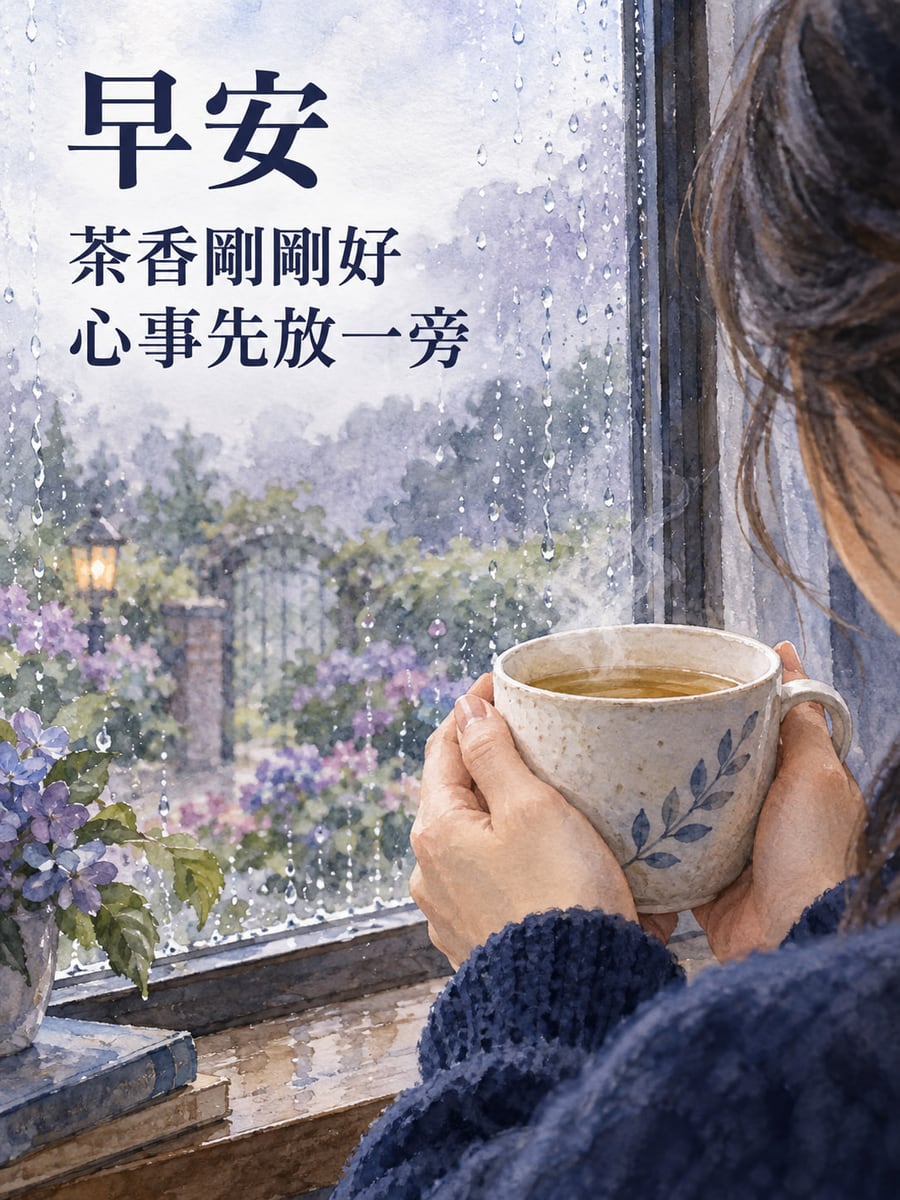 茶香歇心事。圖中文字：早安，茶香剛剛好，心事先放一旁
