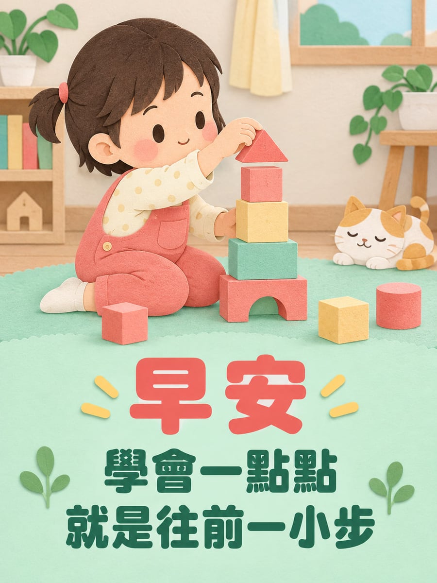 一小步的進步。紙雕風幼童側身堆疊彩色積木，右邊有玩具貓，室內盆栽與窗戶；薄荷綠下方置中珊瑚紅與深綠圓體字。 圖中文字：早安，學會一點點，就是往前一小步