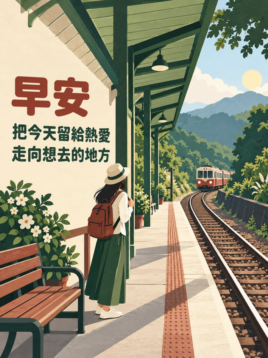 走向喜歡的地方。台灣山線風格月台延伸向山間彎曲鐵道，紅白列車駛近，左側旅人背影站在綠色棚柱旁；左上米白牆面是紅綠圓體字。 圖中文字：早安，把今天留給熱愛，走向想去的地方