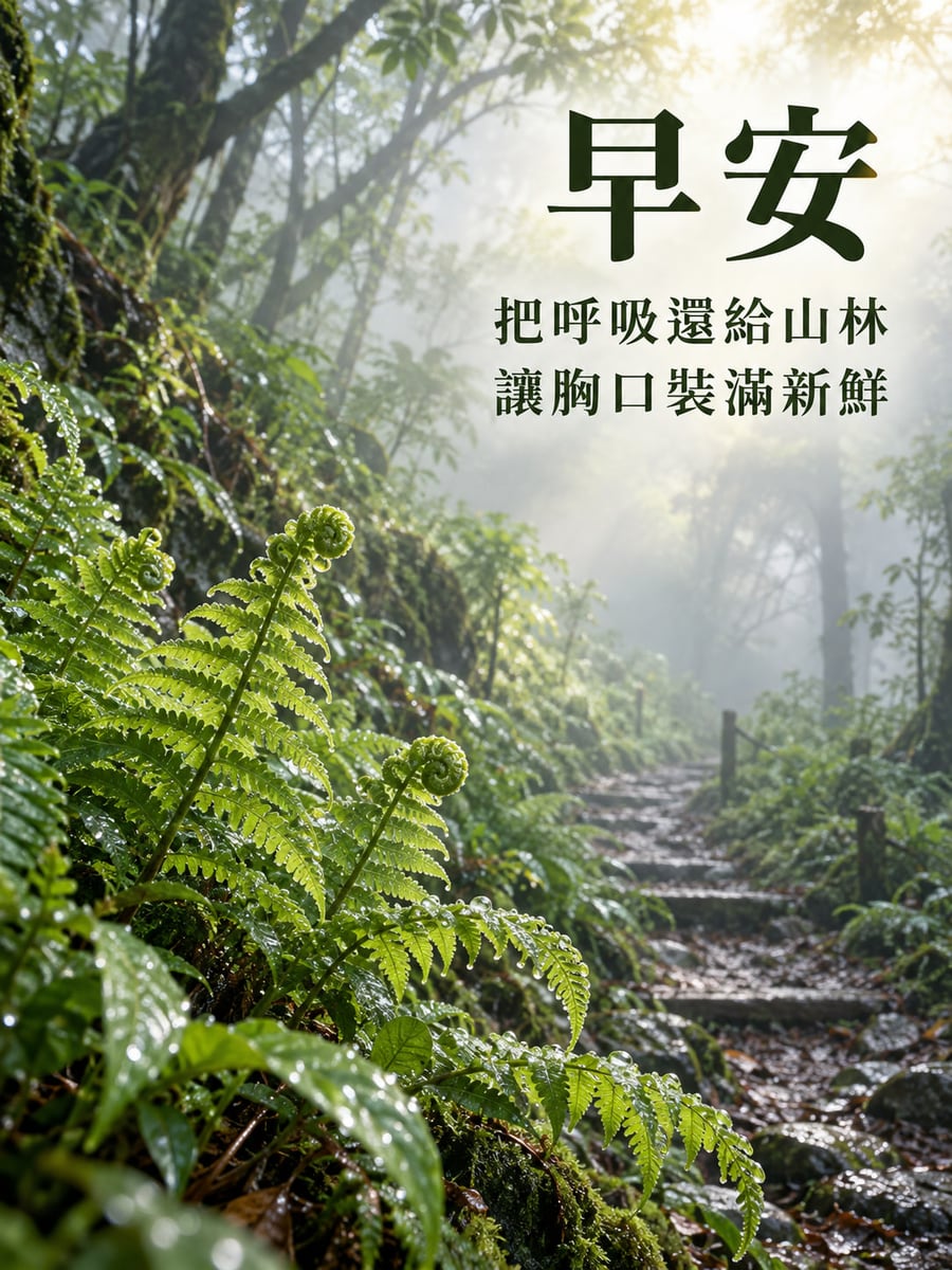 山林深呼吸。濕潤霧林裡，帶露珠的新綠蕨葉佔左下前景；石階林徑從右下延伸進淡霧，枝幹與斜落晨光在後方。 圖中文字：早安，把呼吸還給山林，讓胸口裝滿新鮮