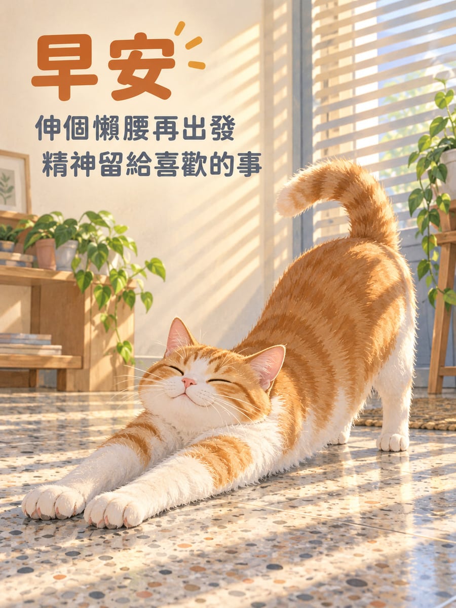 伸個懶腰。一隻橘白貓在有斜射晨光的磨石子地板上伸懶腰，兩隻前掌伸向前方、背部弓起且尾巴上翹；後方可見百葉窗、木架與盆栽。 圖中文字：早安，伸個懶腰再出發，精神留給喜歡的事