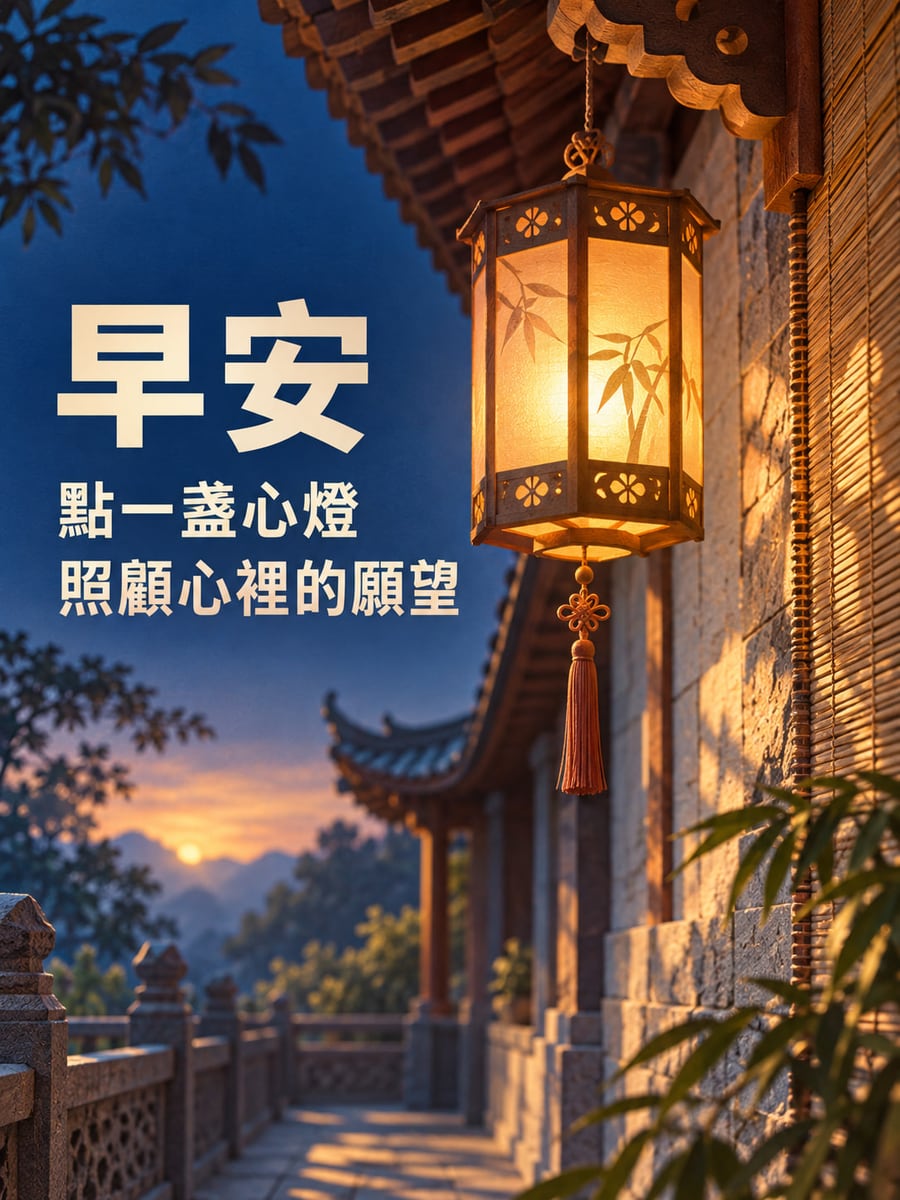心燈微亮。寺院側廊右側懸掛一盞帶竹葉與花形裝飾的暖黃六角燈籠，後有石牆、竹簾與屋簷；左方深藍天空下可見遠山和初升日光。 圖中文字：早安，點一盞心燈，照顧心裡的願望
