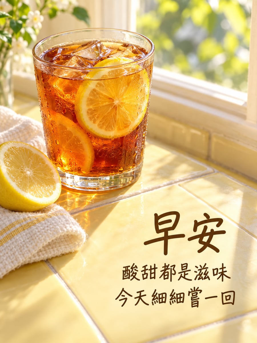 酸甜都嚐嚐。裝有冰塊與檸檬薄片的琥珀色紅茶玻璃杯放在黃色瓷磚窗台，杯上有水珠，左下可見切開的檸檬與白色棉巾，窗外綠葉柔焦。 圖中文字：早安，酸甜都是滋味，今天細細嘗一回