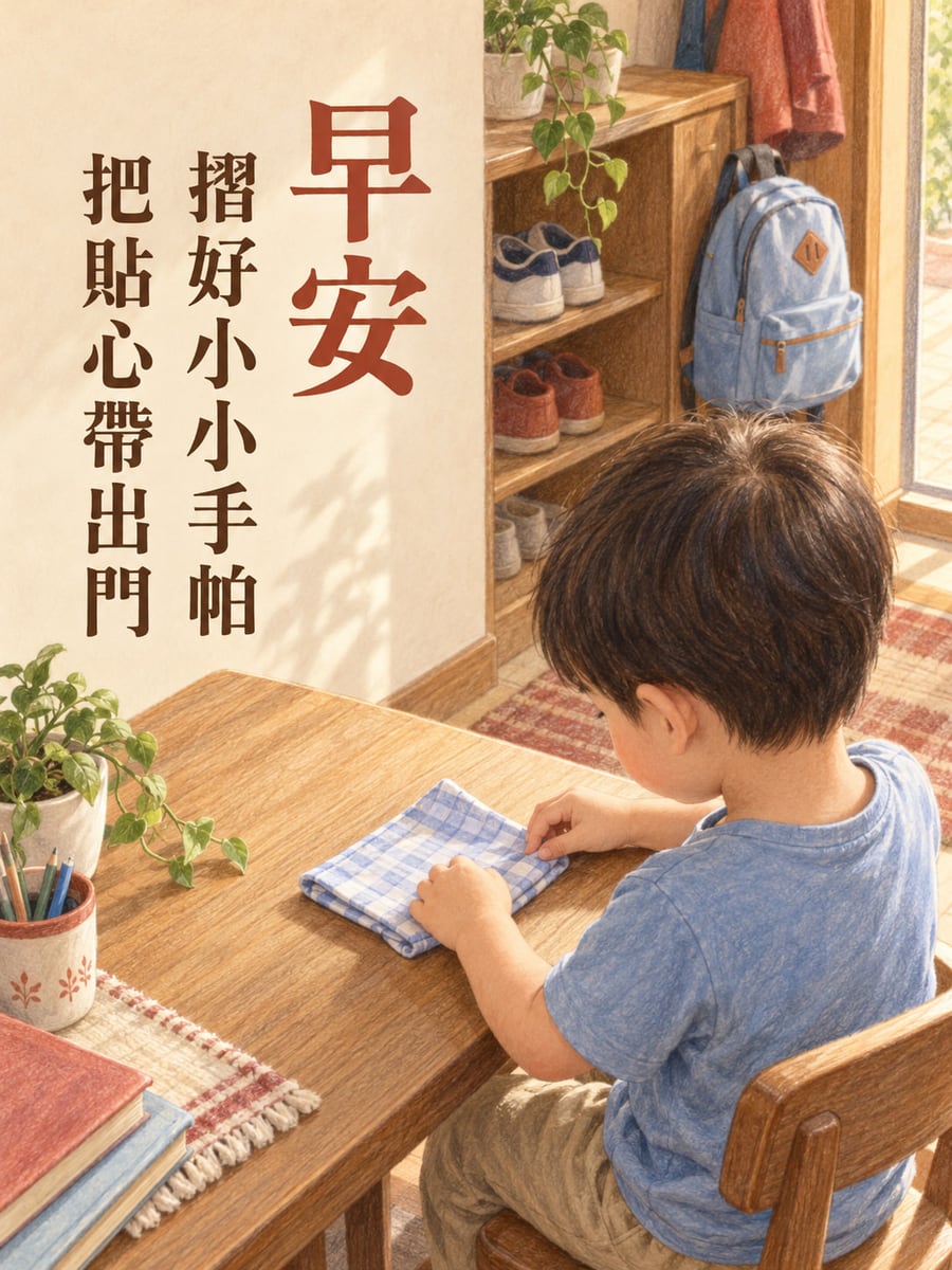 貼心帶出門。一名穿淺藍短袖上衣與米色長褲的幼童坐在木桌前，用雙手摺藍白方格手帕；後方鞋櫃、鞋子與淺藍背包，左側有盆栽和鉛筆杯。 圖中文字：早安，摺好小小手帕，把貼心帶出門