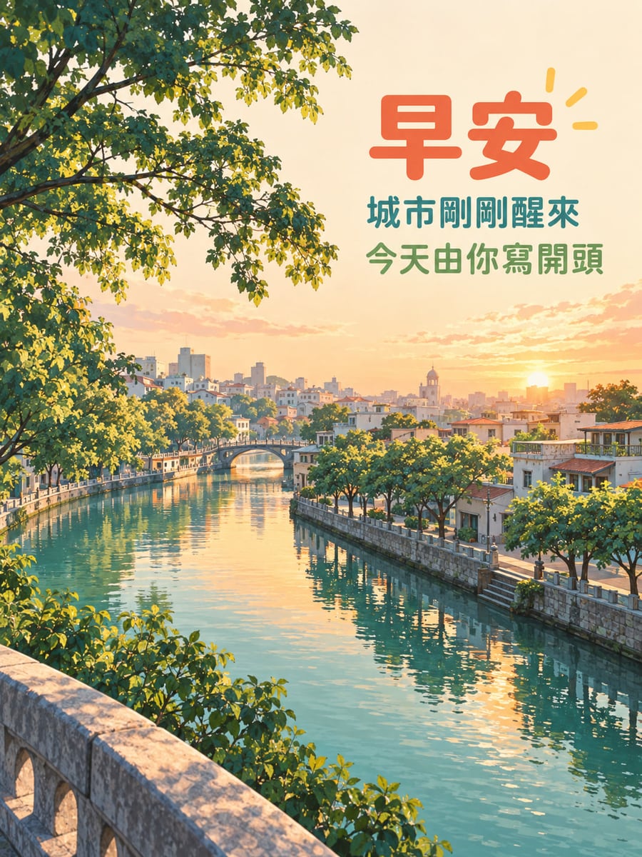 城市寫開頭。綠樹沿城市運河兩岸排列，淺色低樓與遠方小拱橋映在水面；左側前景有枝葉與石欄，低角度金色日光從右方照來。 圖中文字：早安，城市剛剛醒來，今天由你寫開頭