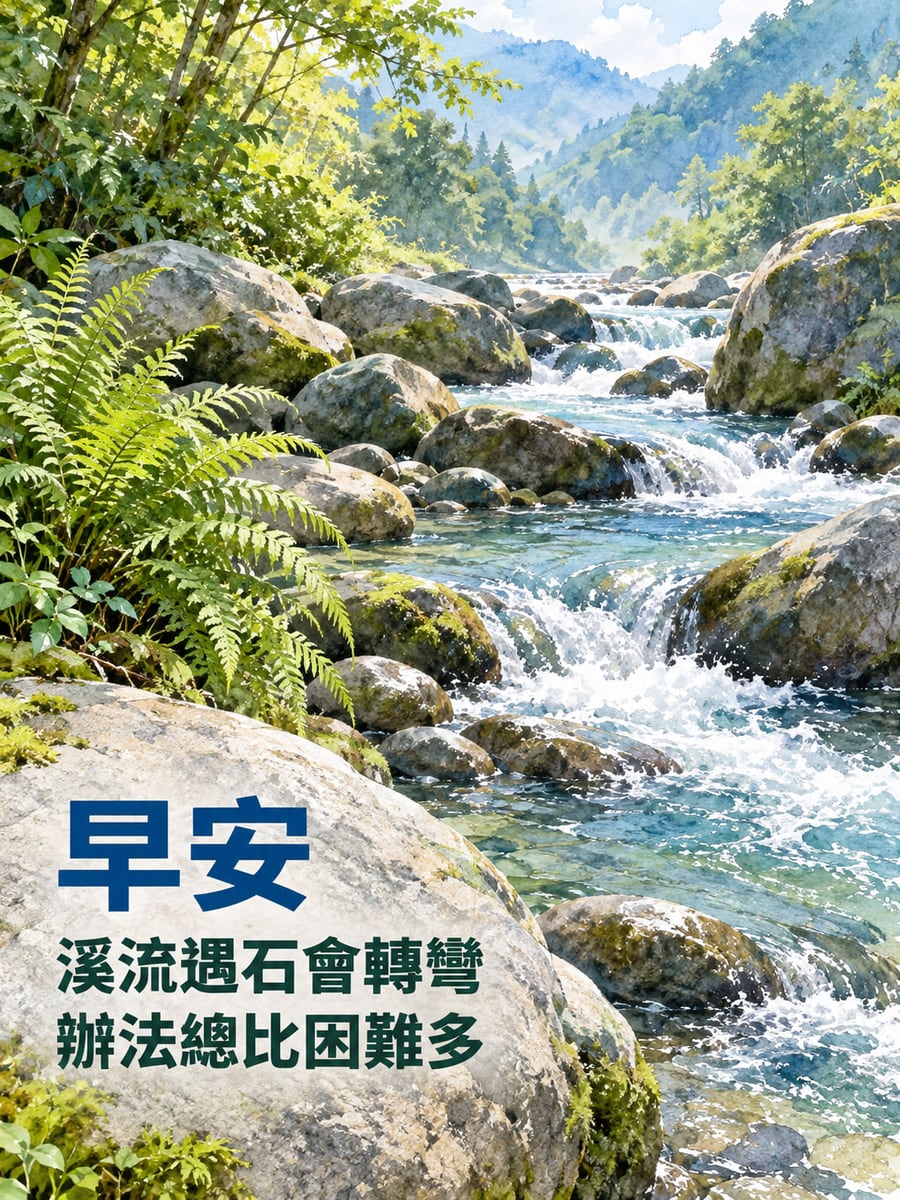 溪流找方向。清澈山溪從遠方山林順著圓石落差流向前景，右側白色水花翻起，左側有蕨草和大片淺灰岩石。 圖中文字：早安，溪流遇石會轉彎，辦法總比困難多