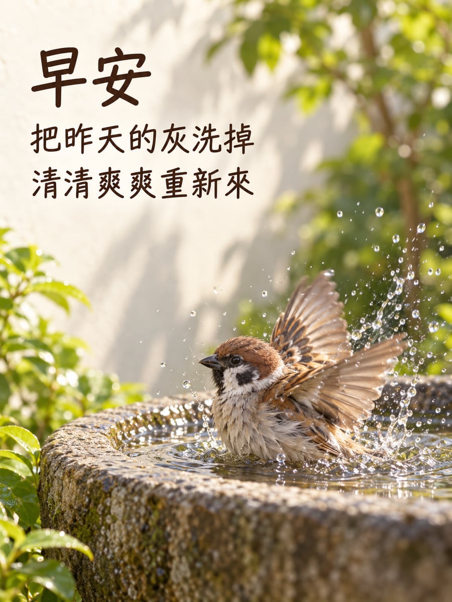 清爽重新來。一隻棕褐色麻雀在庭院淺水石盆中拍動雙翅洗澡，晶亮水珠向右上飛起，後方是米白牆、綠葉與柔焦樹影。 圖中文字：早安，把昨天的灰洗掉，清清爽爽重新來