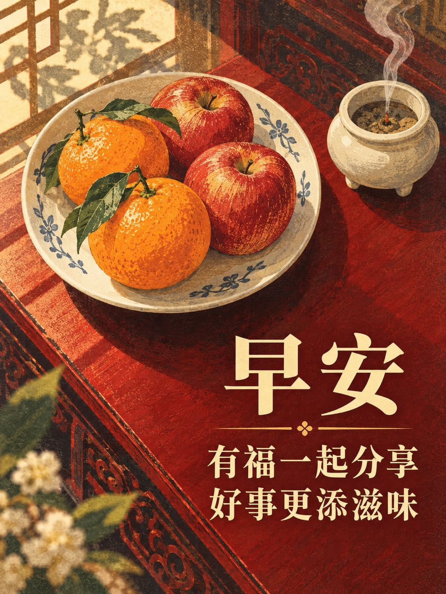 有福一起分。暗紅木供桌上的青花白瓷盤盛著兩顆橘子和兩顆蘋果，右上小香爐冒出淡煙，左上窗格晨光在桌面留下格影，左下白花柔焦。 圖中文字：早安，有福一起分享，好事更添滋味