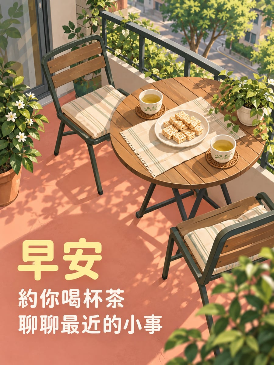 聊聊小日子。圖中文字：早安，約你喝杯茶，聊聊最近的小事